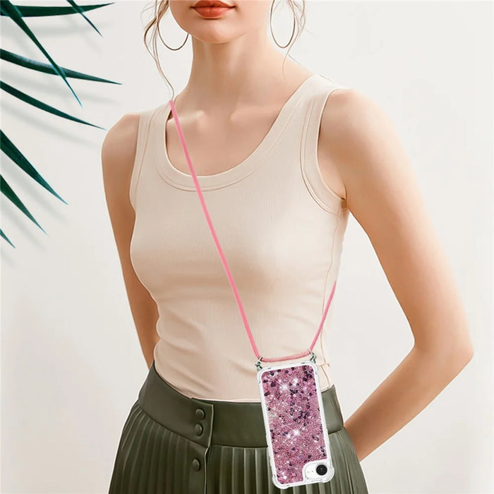 For iPhone 17e / 16e TPU Case Quicksand Design Phone Cover with Lanyard - Rose Gold / Hearts - 6