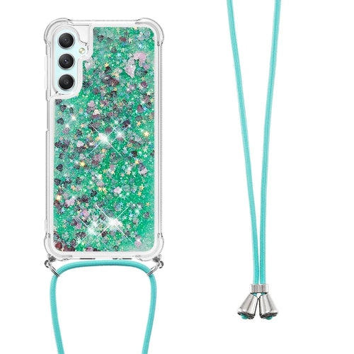 For Samsung Galaxy A25 5G (Global) (161.0 x 76.5 x 8.3mm) TPU Case Quicksand Design Phone Cover with Lanyard - Green / Hearts - 1