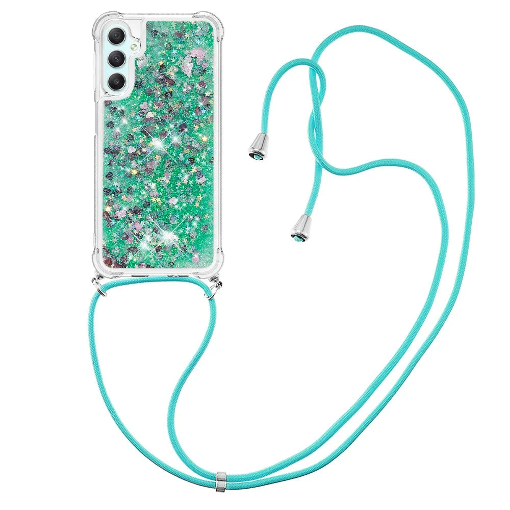 For Samsung Galaxy A25 5G (Global) (161.0 x 76.5 x 8.3mm) TPU Case Quicksand Design Phone Cover with Lanyard - Green / Hearts - 2