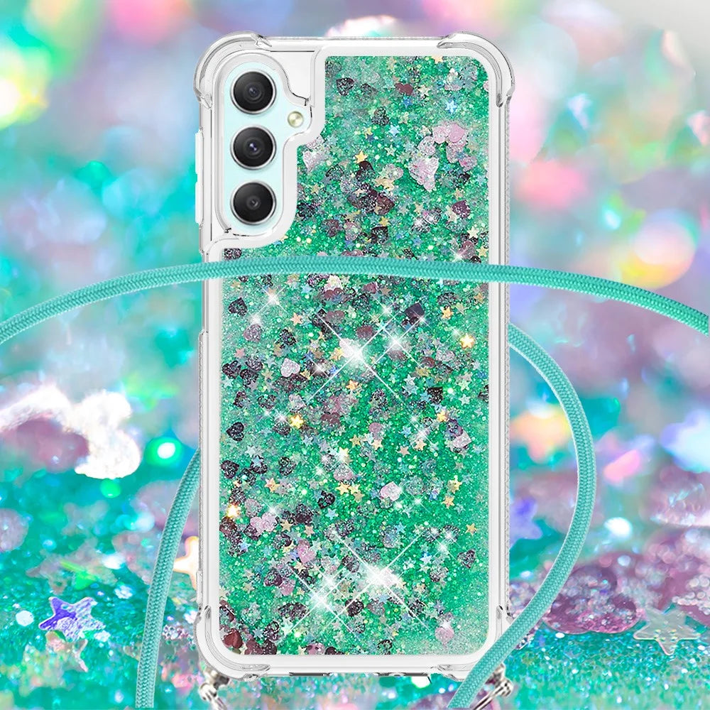 For Samsung Galaxy A25 5G (Global) (161.0 x 76.5 x 8.3mm) TPU Case Quicksand Design Phone Cover with Lanyard - Green / Hearts - 3