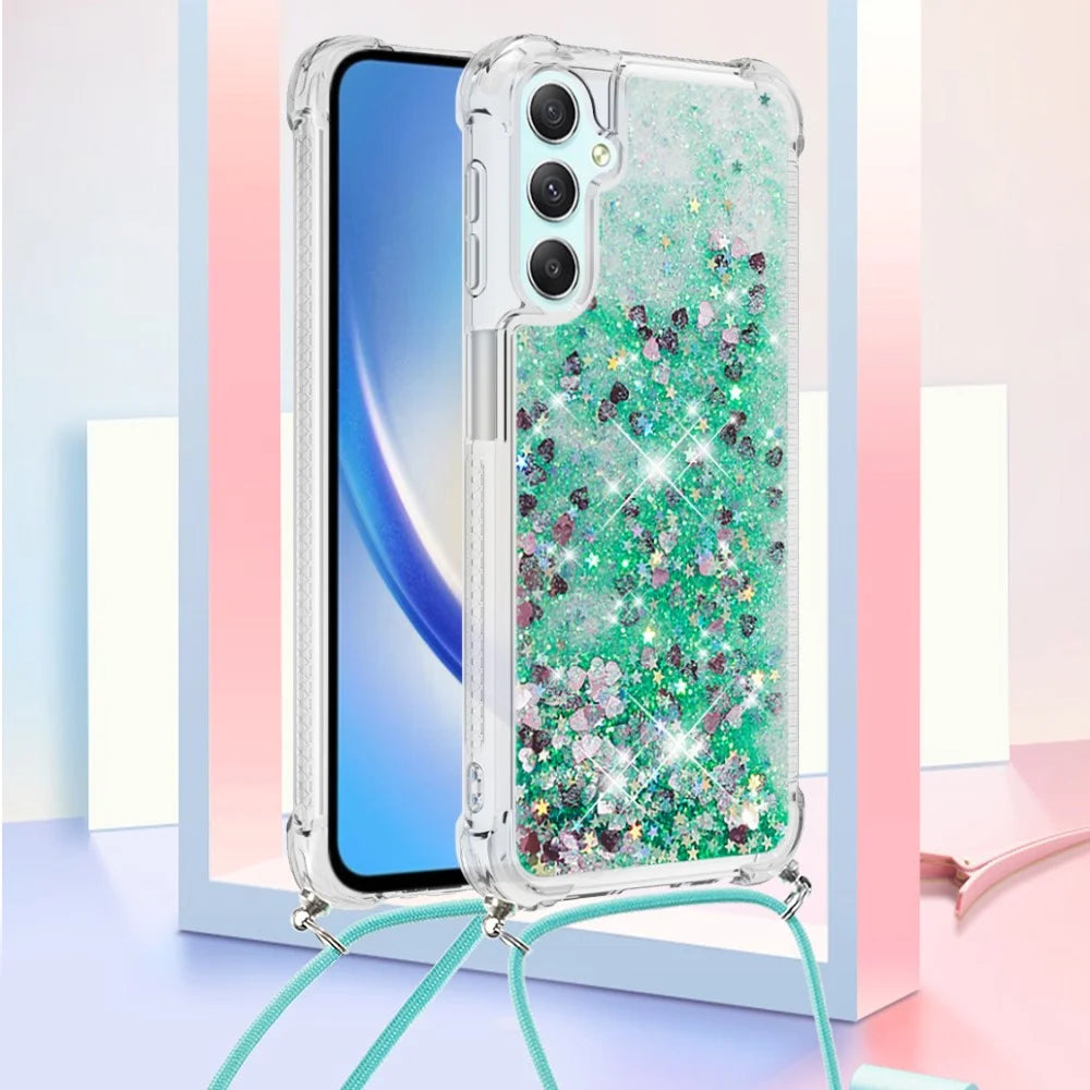 For Samsung Galaxy A25 5G (Global) (161.0 x 76.5 x 8.3mm) TPU Case Quicksand Design Phone Cover with Lanyard - Green / Hearts - 6