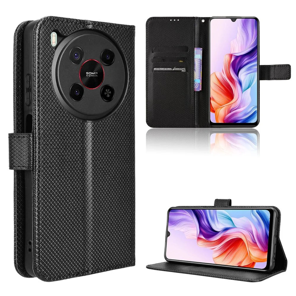 For ZTE Blade V70 Max Leather Wallet Case with Strap Diamond Texture Phone Cover - Black - 1