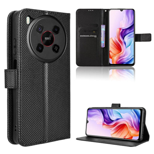 For ZTE Blade V70 Max Leather Wallet Case with Strap Diamond Texture Phone Cover - Black - 1