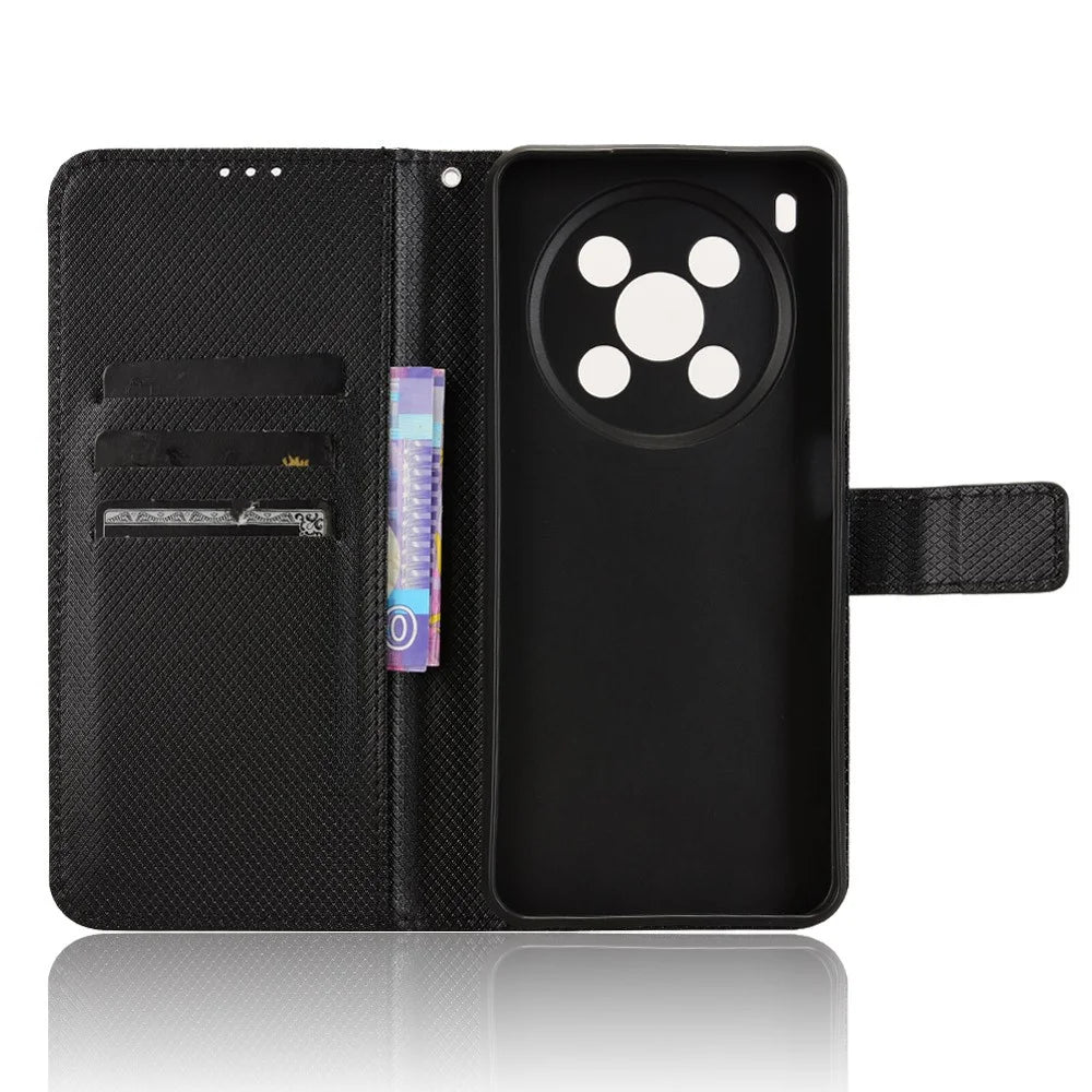 For ZTE Blade V70 Max Leather Wallet Case with Strap Diamond Texture Phone Cover - Black - 5