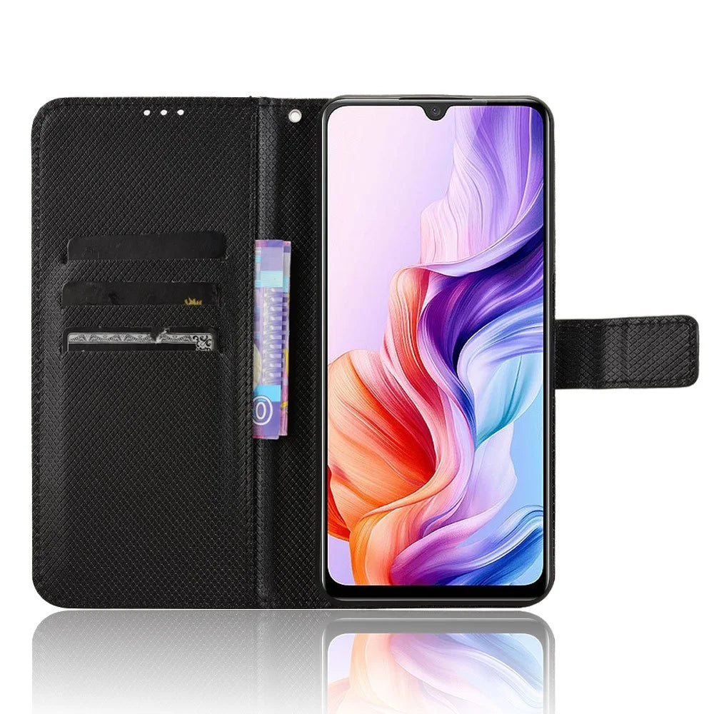 For ZTE Blade V70 Max Leather Wallet Case with Strap Diamond Texture Phone Cover - Black - 6