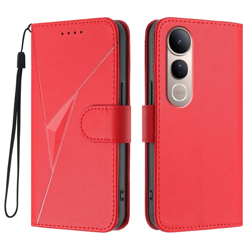 For vivo V50 Lite 5G Case Triangle Imprint Leather Phone Cover with Lanyard - Red - 1