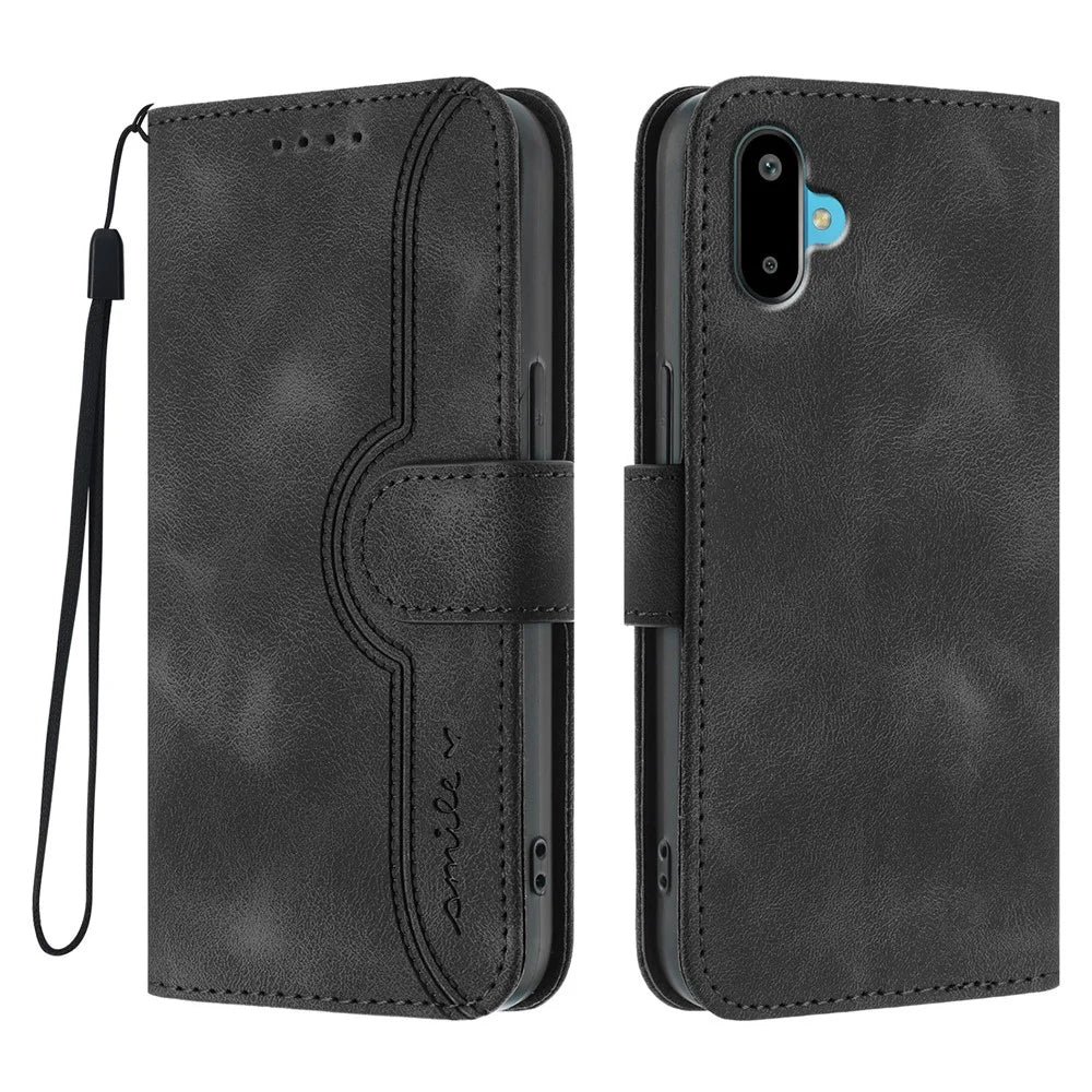 For Samsung Galaxy M06 5G / Galaxy F06 5G Leather Case Wallet Stand Smile Imprinted Phone Cover with Strap - Black - 1