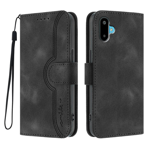 For Samsung Galaxy M06 5G / Galaxy F06 5G Leather Case Wallet Stand Smile Imprinted Phone Cover with Strap - Black - 1