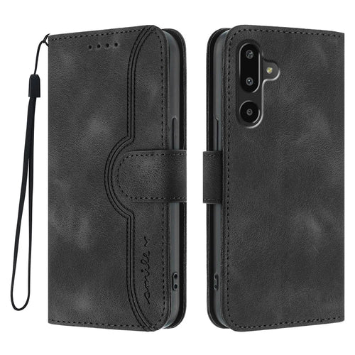 For Samsung Galaxy M16 5G / Galaxy F16 5G Leather Case Wallet Stand Smile Imprinted Phone Cover with Strap - Black - 1
