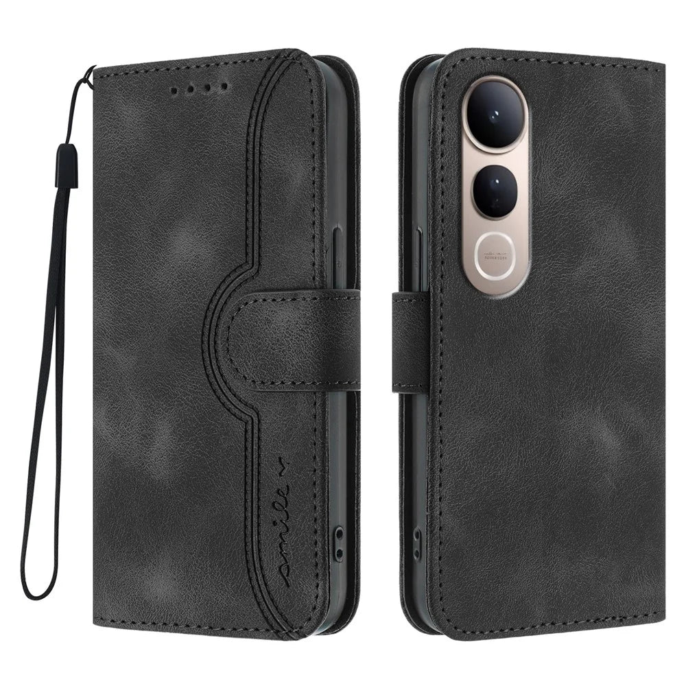 For vivo V50 Lite 5G Leather Case Wallet Stand Smile Imprinted Phone Cover with Strap - Black - 1