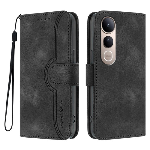 For vivo V50 Lite 5G Leather Case Wallet Stand Smile Imprinted Phone Cover with Strap - Black - 1