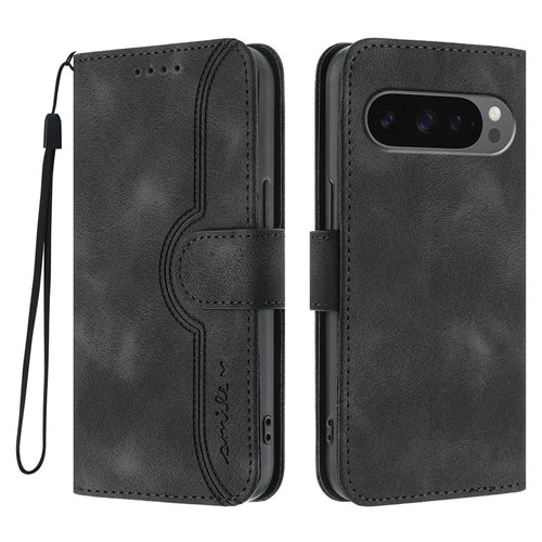 For Google Pixel 10 Pro / Pixel 9 / Pixel 9 Pro / Pixel 10 Leather Case Wallet Stand Smile Imprinted Phone Cover with Strap - Black - 1