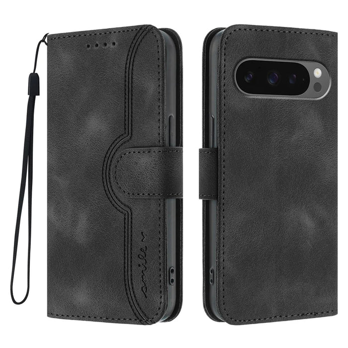 For Google Pixel 10 Pro / Pixel 9 / Pixel 9 Pro / Pixel 10 Leather Case Wallet Stand Smile Imprinted Phone Cover with Strap - Black - 1