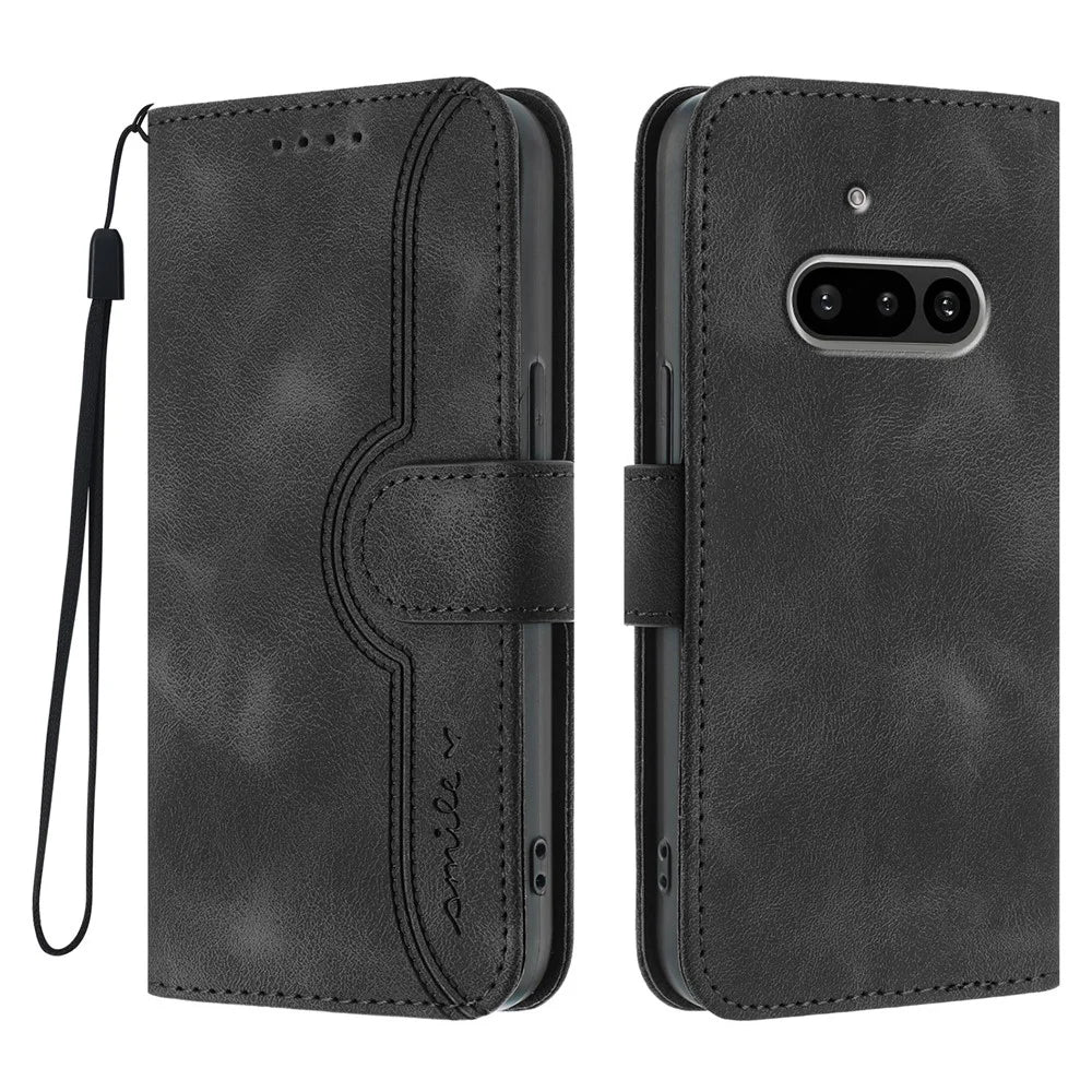 For Nothing Phone (3a) Leather Case Wallet Stand Smile Imprinted Phone Cover with Strap - Black - 1