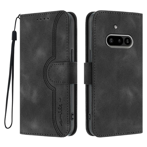 For Nothing Phone (3a) Leather Case Wallet Stand Smile Imprinted Phone Cover with Strap - Black - 1