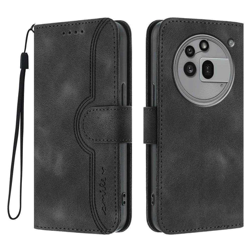 For Nothing Phone (3a) Pro Leather Case Wallet Stand Smile Imprinted Phone Cover with Strap - Black - 1