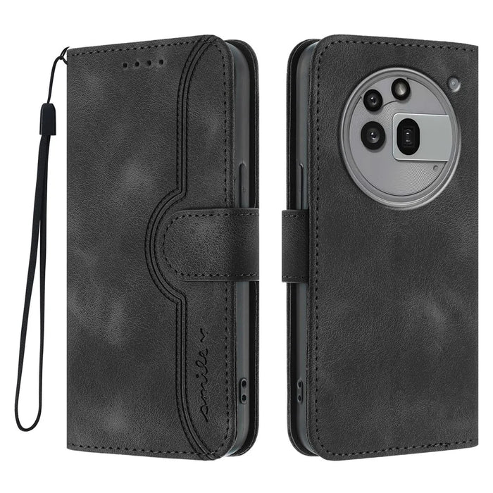 For Nothing Phone (3a) Pro Leather Case Wallet Stand Smile Imprinted Phone Cover with Strap - Black - 1