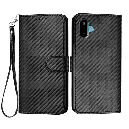 For Samsung Galaxy M16 5G / Galaxy F16 5G Wallet Case with Strap Carbon Fiber Texture Leather Mobile Cover - Black - 1