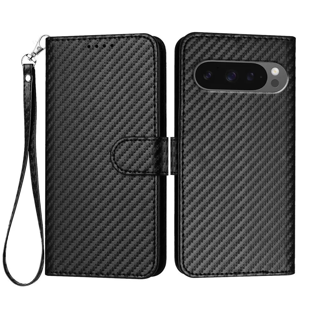 For Google Pixel 10 Pro / Google Pixel 9 / Google Pixel 9 Pro / Google Pixel 10 Wallet Case with Strap Carbon Fiber Texture Leather Mobile Cover - Black - 1