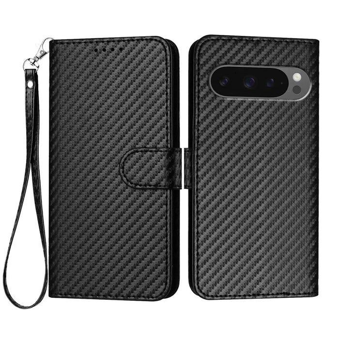 For Google Pixel 9 Pro XL / Google Pixel 10 Pro XL Wallet Case with Strap Carbon Fiber Texture Leather Mobile Cover - Black - 1
