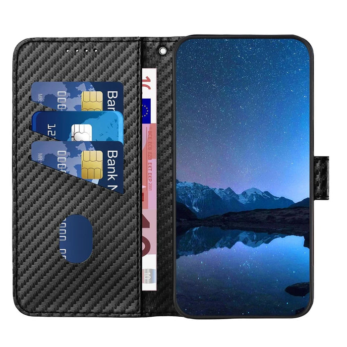 For Google Pixel 9 Pro XL / Google Pixel 10 Pro XL Wallet Case with Strap Carbon Fiber Texture Leather Mobile Cover - Black - 3