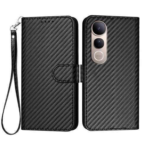 For vivo V50 Lite 5G Wallet Case with Strap Carbon Fiber Texture Leather Mobile Cover - Black - 1