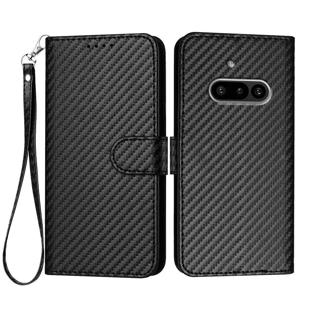 For Nothing Phone (3a) Wallet Case with Strap Carbon Fiber Texture Leather Mobile Cover - Black - 1