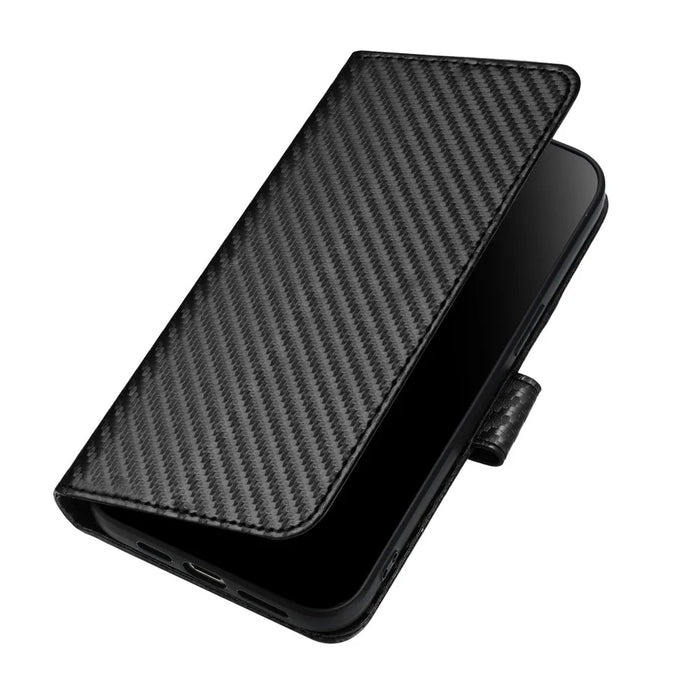 For Nothing Phone (3a) Wallet Case with Strap Carbon Fiber Texture Leather Mobile Cover - Black - 2