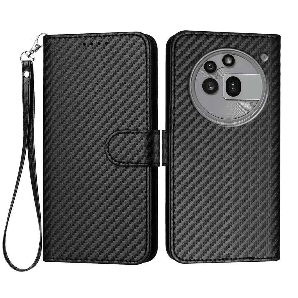 For Nothing Phone (3a) Pro Wallet Case with Strap Carbon Fiber Texture Leather Mobile Cover - Black - 1