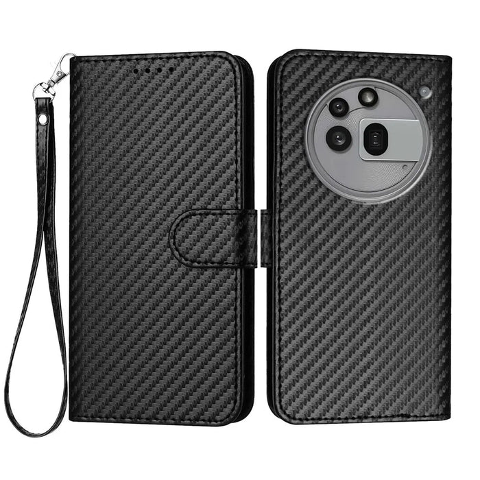 For Nothing Phone (3a) Pro Wallet Case with Strap Carbon Fiber Texture Leather Mobile Cover - Black - 1