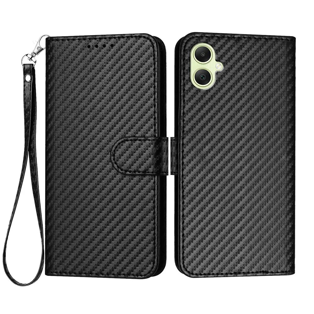 For Samsung Galaxy A06 5G / Galaxy A06 4G Wallet Case with Strap Carbon Fiber Texture Leather Mobile Cover - Black - 1