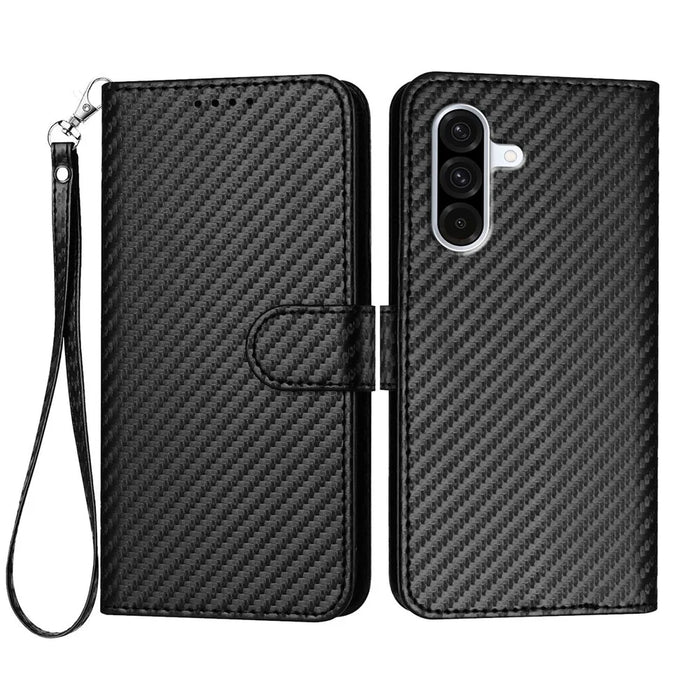 For Samsung Galaxy A36 5G Wallet Case with Strap Carbon Fiber Texture Leather Mobile Cover - Black - 1