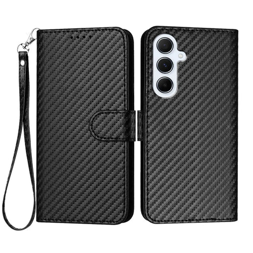 For Samsung Galaxy A56 5G Wallet Case with Strap Carbon Fiber Texture Leather Mobile Cover - Black - 1