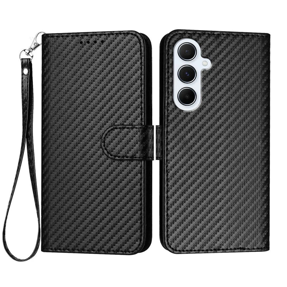 For Samsung Galaxy A56 5G Wallet Case with Strap Carbon Fiber Texture Leather Mobile Cover - Black - 1