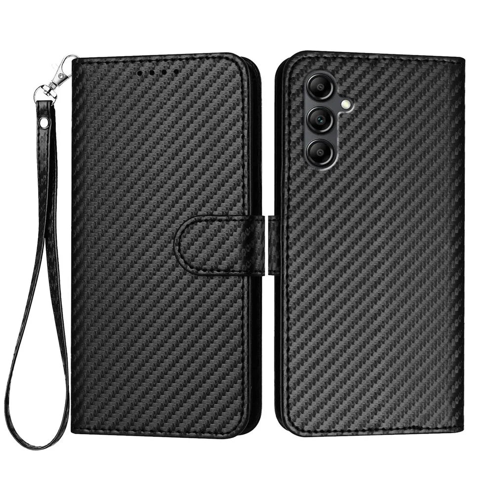 For Samsung Galaxy A15 5G / Galaxy A15 4G Wallet Case with Strap Carbon Fiber Texture Leather Mobile Cover - Black - 1