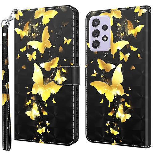 For Samsung Galaxy A13 4G / 5G 3D Pattern Printing Wallet Phone Case PU Leather Stand Magnetic Closure Cover with Strap - Golden Butterflies - 1