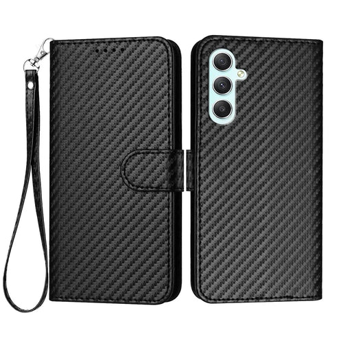 For Samsung Galaxy A35 5G Wallet Case with Strap Carbon Fiber Texture Leather Mobile Cover - Black - 1