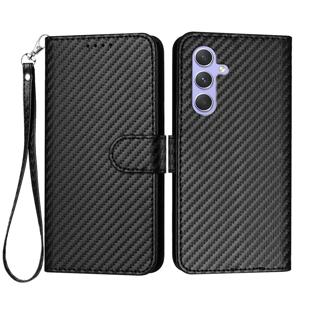 For Samsung Galaxy A55 5G Wallet Case with Strap Carbon Fiber Texture Leather Mobile Cover - Black - 1