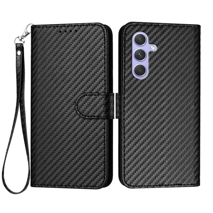 For Samsung Galaxy A55 5G Wallet Case with Strap Carbon Fiber Texture Leather Mobile Cover - Black - 1