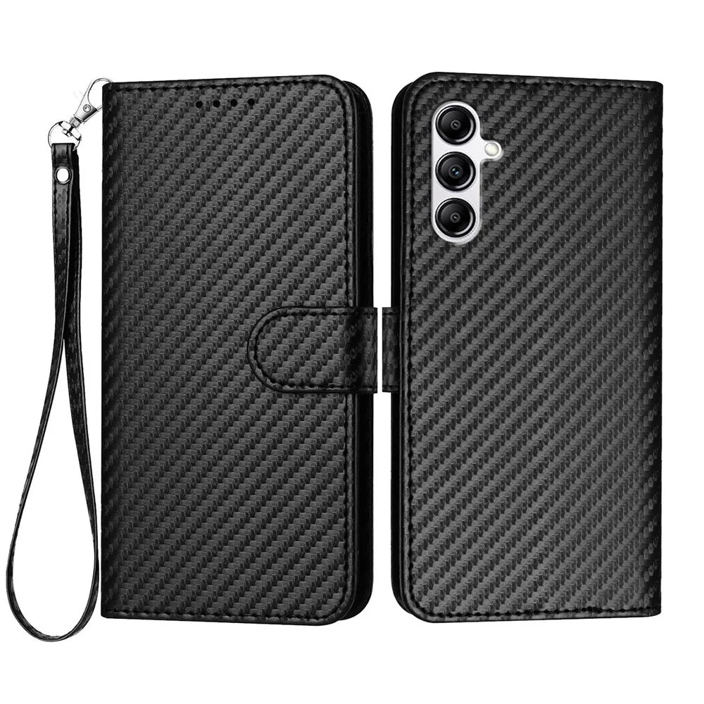 For Samsung Galaxy A14 4G / Galaxy A14 5G Wallet Case with Strap Carbon Fiber Texture Leather Mobile Cover - Black - 1
