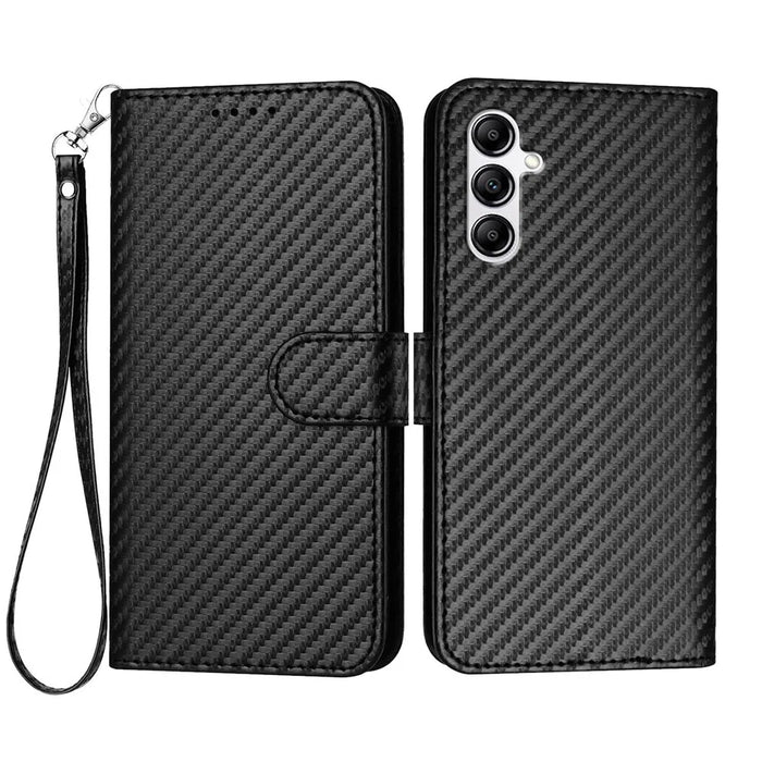 For Samsung Galaxy A14 4G / Galaxy A14 5G Wallet Case with Strap Carbon Fiber Texture Leather Mobile Cover - Black - 1