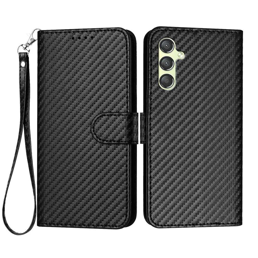 For Samsung Galaxy A24 4G (162.1 x 77.6 x 8.3mm) Wallet Case with Strap Carbon Fiber Texture Leather Mobile Cover - Black - 1