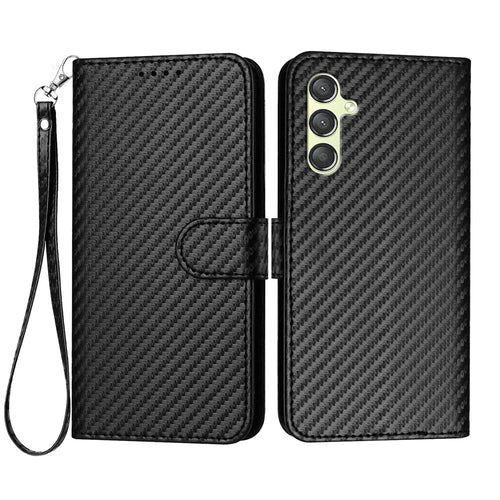For Samsung Galaxy A24 4G (162.1 x 77.6 x 8.3mm) Wallet Case with Strap Carbon Fiber Texture Leather Mobile Cover - Black - 1