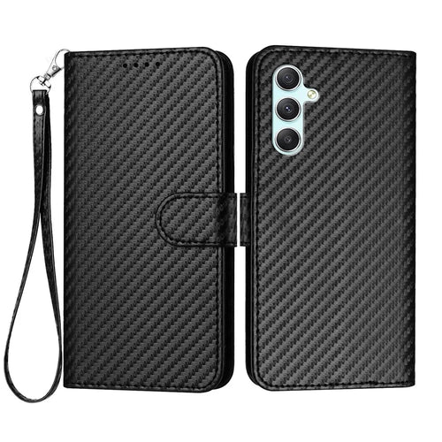 For Samsung Galaxy A34 5G Wallet Case with Strap Carbon Fiber Texture Leather Mobile Cover - Black - 1