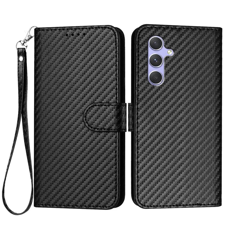 For Samsung Galaxy A54 5G Wallet Case with Strap Carbon Fiber Texture Leather Mobile Cover - Black - 1