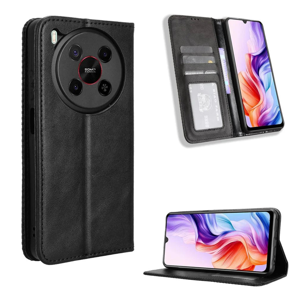 For ZTE Blade V70 Max Retro PU Leather Case Phone Wallet Stand Cover - Black - 1