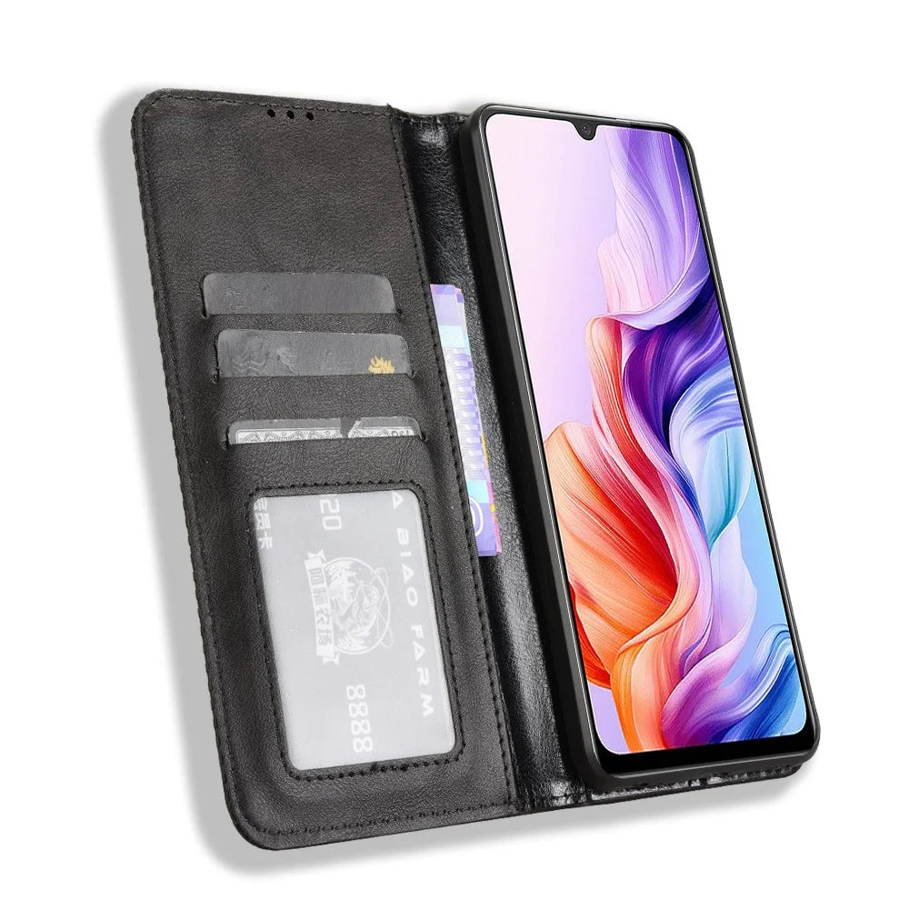 For ZTE Blade V70 Max Retro PU Leather Case Phone Wallet Stand Cover - Black - 4