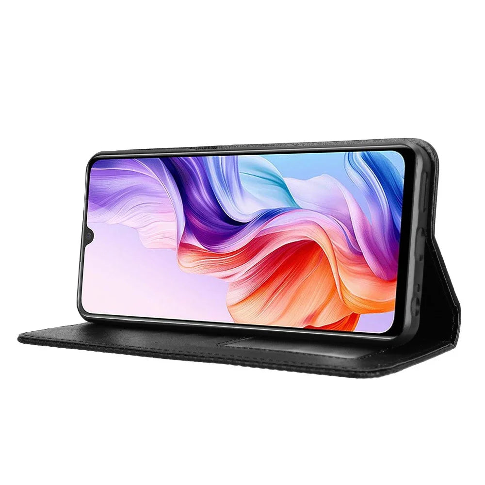 For ZTE Blade V70 Max Retro PU Leather Case Phone Wallet Stand Cover - Black - 6