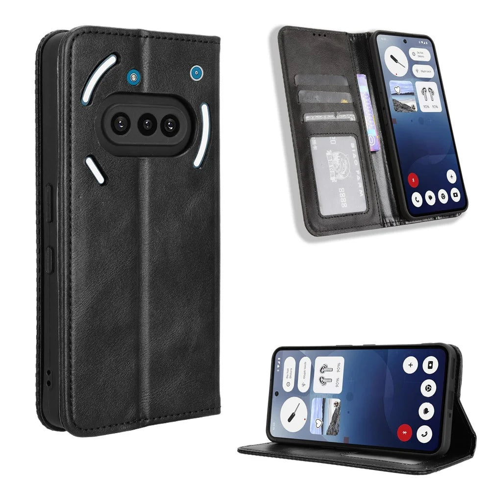 For Nothing Phone (3a) Retro PU Leather Case Phone Wallet Stand Cover - Black - 1