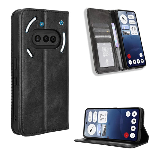 For Nothing Phone (3a) Retro PU Leather Case Phone Wallet Stand Cover - Black - 1